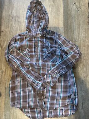 Life Is Good Women's Brown Plaid Button-Down Hooded Shirt